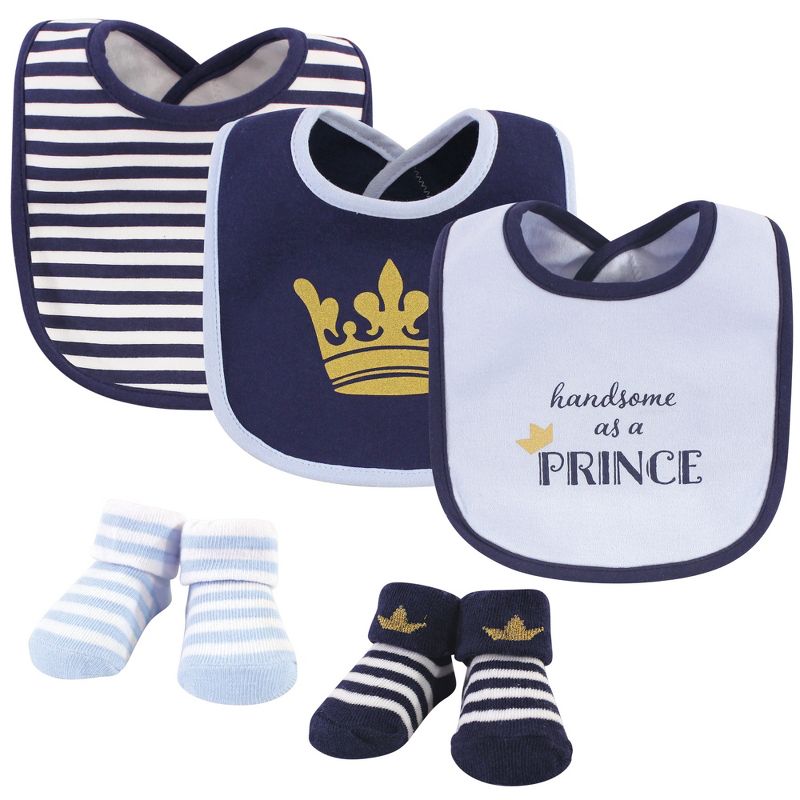 Hudson Baby Infant Boy Cotton Bib and Sock Set 5pk, Handsome As A Prince, One Size, 1 of 8