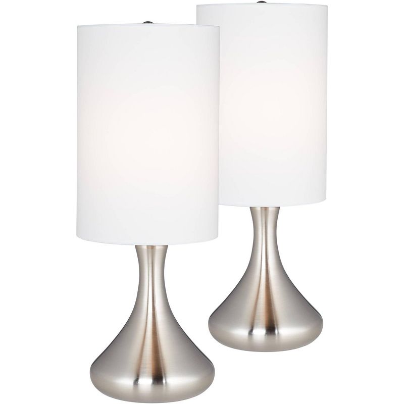 360 Lighting Melmore Modern Mid Century Accent Table Lamps 17" High Set of 2 Brushed Nickel Metal Droplet White Cylinder Shade for Bedroom House Home, 1 of 7