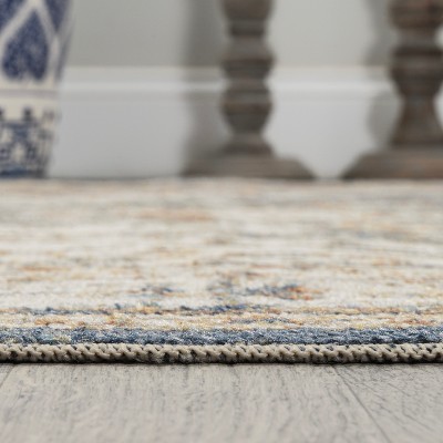 Blue and Cream Medallion Washable Synthetic Area Rug