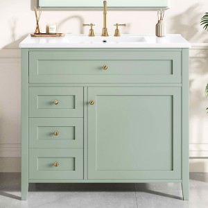 MAYEERTY 36" Bathroom Vanity Ceramic Sink Top Solid Wood MDF Flip Drawer Adjustable Shelf Metal Handles - 1 of 4