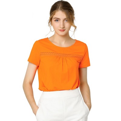 INSPIRE CHIC Women's Round Neck Short Sleeve Lace Inset T-shirt
