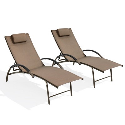 Pellebant 2 pcs Outdoor Aluminum Adjustable Reclining Chaise Lounge Chair with Arms & Headrest