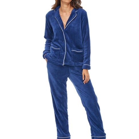 ADR Women's Plush Fleece Pajamas Set, Button Down Winter PJ Set Midnight  Blue X Large