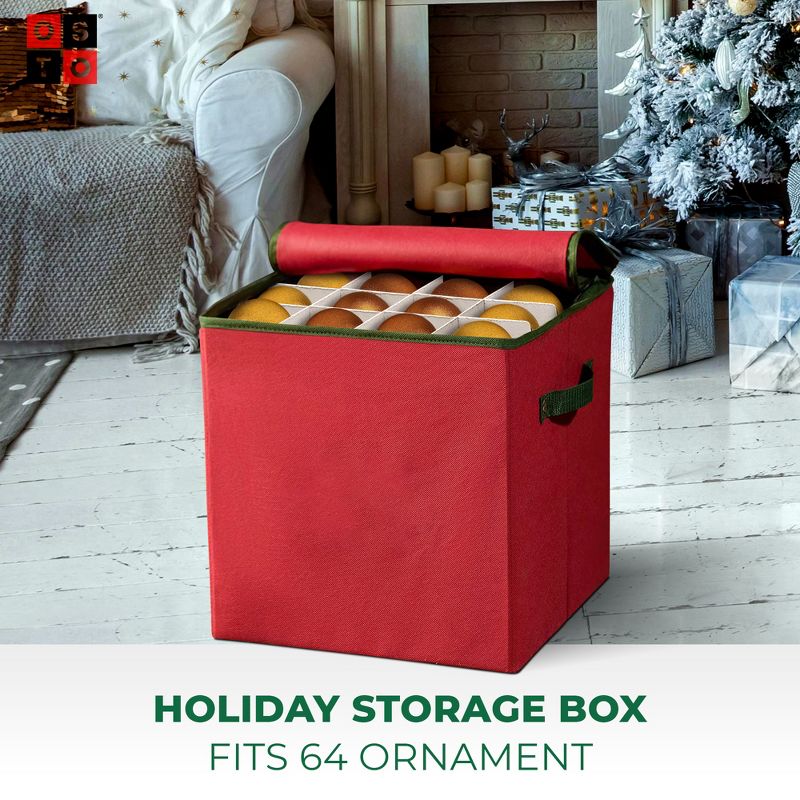 OSTO Christmas Decorative Ornament Storage Box Stores Up to 64 Holiday Ornaments of 3 inches; Non-Woven Fabric with Carry Handles and Card Slot, 2 of 5