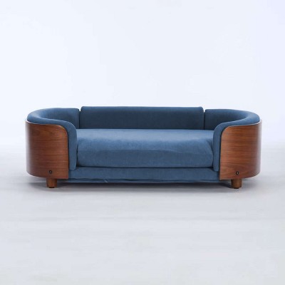 Lirago 38.58" W x 26.77" D x 11.02" H Elevated Dog Bed Pet Sofa Solid Wood Leg Dark Blue Cashmere Cushion with Removable Bolster Washable Large Size