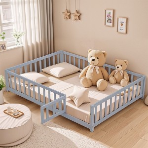 NicBex Kids Montessori Bed with Door and Fence,Wood Floor Bed with Support Slats,Full Size Toddler bed for Bedroom Playroom,White/Gray/Brown - 1 of 4