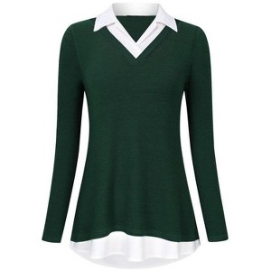 Coolmee Women's Contrast Collared Shirts Long Sleeve Patchwork Work Blouse Tunics Tops - 1 of 4