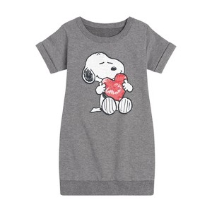 - Peanuts - Snoopy With Heart Graphic Short Sleeve Fleece Dress - 1 of 4
