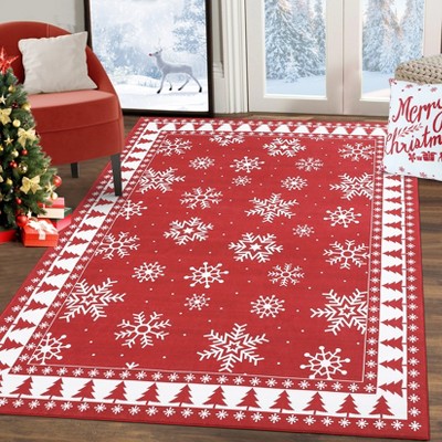Christmas Tree Rug Machine Washable Snowflake Indoor Rug Non-Slip Small Area Rug Soft Low Pile Holiday Decorative Floor Carpet Foldable
