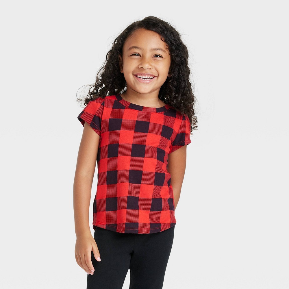 Size 5T Toddler Girls' Short Sleeve Buffalo Check Shirt - Cat & Jack Red 5T