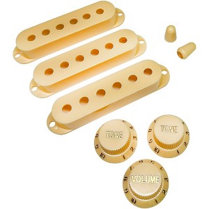 AxLabs Set Of Single Coil Pickup Covers In Vintage Spacing (52mm), Two Switch Tips, And Three Knobs (Gold Lettering) Aged White/Cream - 1 of 1