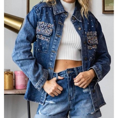 Women's Crystal Embellished Washed Denim Jacket - JadyK