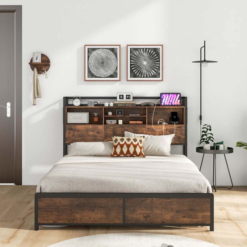 Costway Full/Queen Size Bed Frame with Storage Headboard and Charging Station Vintage Brown, 3 of 11