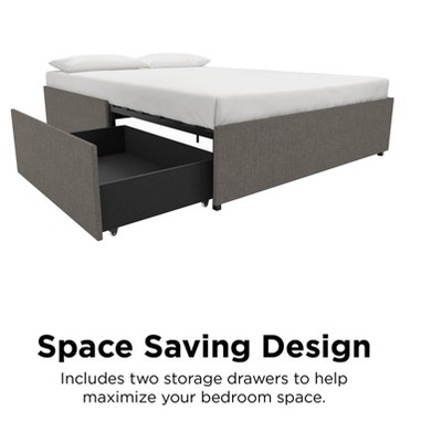 Full Grey Linen Upholstered Platform Bed with Storage Drawers