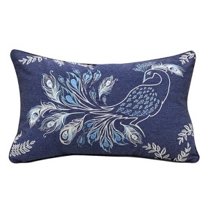 RightSide Designs Indigo Series Peacock Embroidered Indoor/Outdoor Throw Pillow - 1 of 4