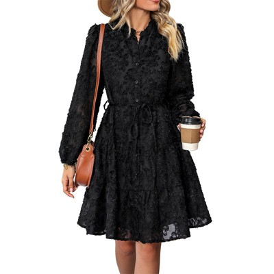 Coolmee Women's Floral Lace Long Sleeve Dress Button Up   Belted Mini Dress for Fall