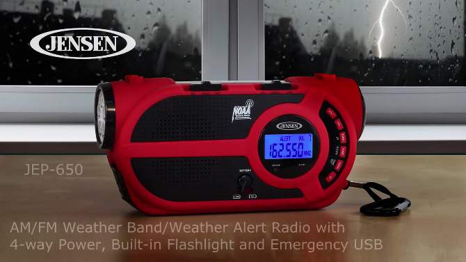 JENSEN AM/FM Weather Band/Weather Alert Radio with 4-way Power Built-in Flashlight and Emergency USB - Red, 2 of 9, play video