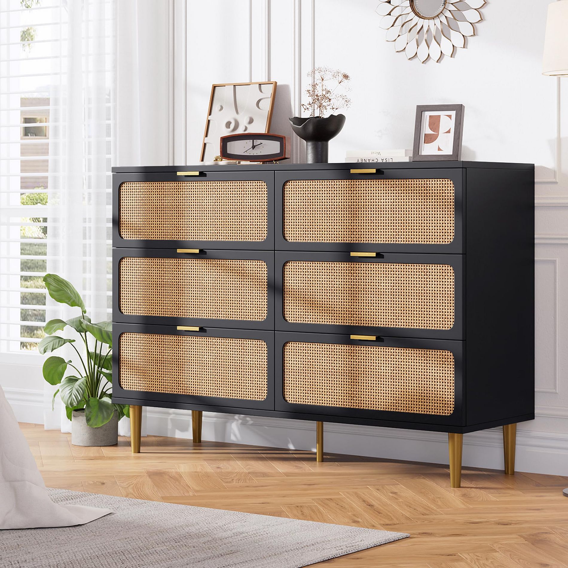 Garvee Rattan 6 Drawer Dresser for Bedroom, Large Double Dresser with Deep Drawers, Chest of Drawers for Closet for Living Room, Hallway, Black