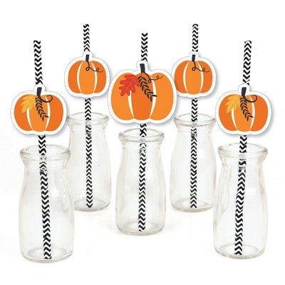 Big Dot of Happiness Fall Pumpkin - Paper Straw Decor - Halloween or Thanksgiving Party Striped Decorative Straws - Set of 24