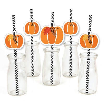 Big Dot of Happiness Fall Pumpkin - Paper Straw Decor - Halloween or Thanksgiving Party Striped Decorative Straws - Set of 24