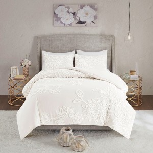 Full/Queen 3 Piece Tufted Cotton Chenille Floral Duvet Cover Set - 1 of 1