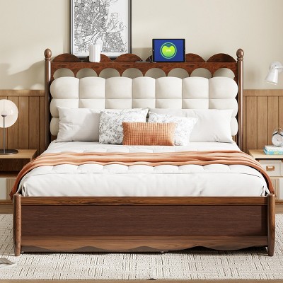 Wooden Queen Size Bed Frame With 2 Storage Drawers And Twin-XL Size Trundle,Platform Bed With One Set Of Sockets And USB Ports -Maison Boucle