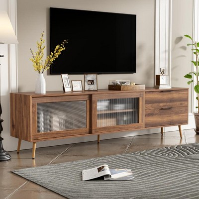KTMBDW Modern Fluted-Door Low TV Stand for TVs up to 70 Inches, 75 Inch, Mocha