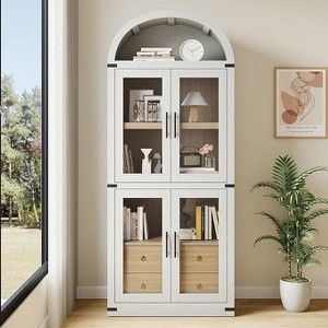 Arched Pantry Cabinet with Doors ，Wood Bookcase with 2 Drawers  Modern Display Storage Cabinet for Kitchen, Dining Room - 1 of 4