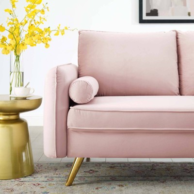 Pink Velvet Loveseat with Gold Legs and Bolster Pillows