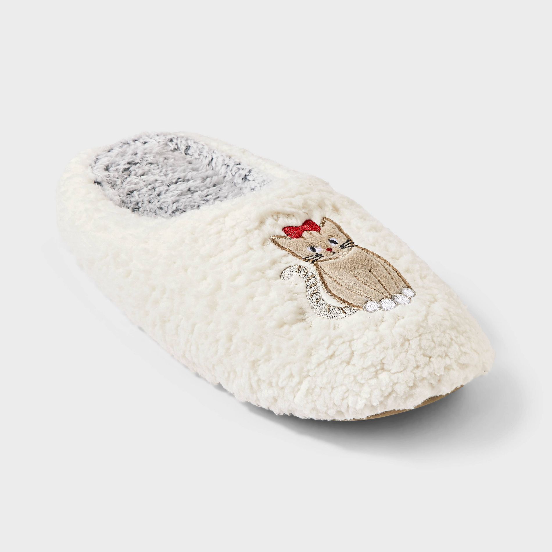 Women's Embroidered Cat Faux Shearling Slide Slippers - Wild Fable™ Tan/Ivory M/L