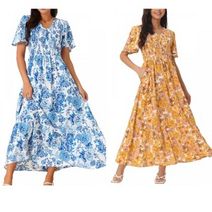 Seta T Women's Floral Short Flutter Sleeve V Neck Smocked High Waist Flowy Maxi Dress 2 Packs - 1 of 4