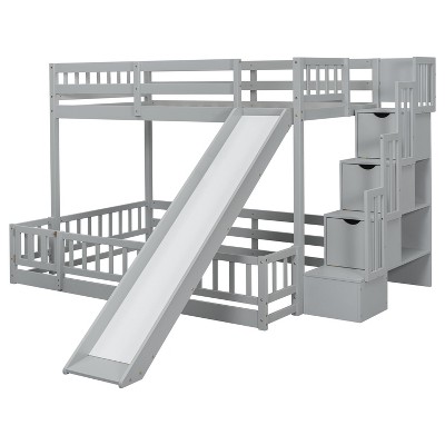 NicBex Twin Over Twin Bunk Bed with Safety Guardrail and Slide,Pine Solid Wooden Loft Bed with Storage Staircase,Bunk Beds for Bedroom