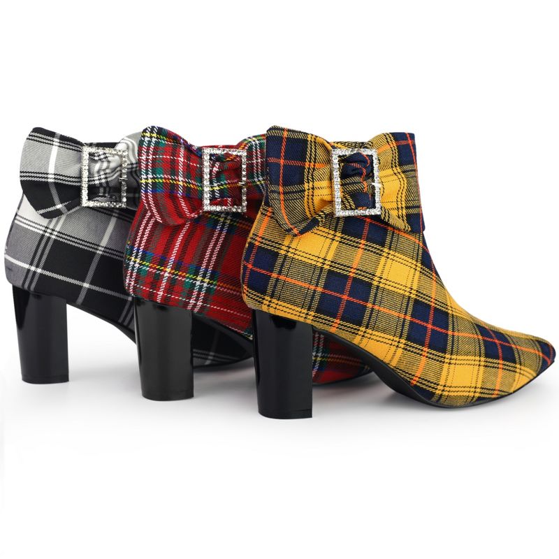 Perphy Women's Plaid Pointy Toe Rhinestone Bow Zipper Chunky Heels Ankle Boots, 3 of 4