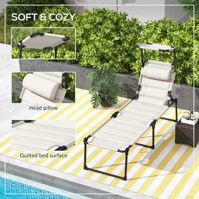 TIRAMISUBEST Adjustable Lounge Chair - Outdoor Folding Chaise with Sunshade & Cushioned Headrest, Reclining Tanning Chair (Cream White)