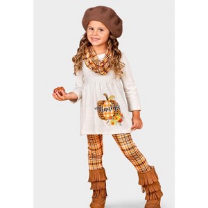 Thankful Pumpkin Tunic, Plaid Leggings And Scarf Set Mia Belle Girls - 1 of 4