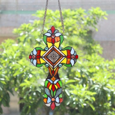 Adelina Victorian Tiffany-Style Stained Glass Cross Panel with Chain