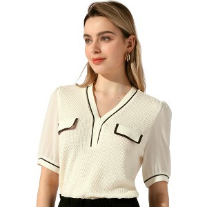 Allegra K Women's Contrast Color Sheer Short Sleeve V Neck Textured Blouse - 1 of 4