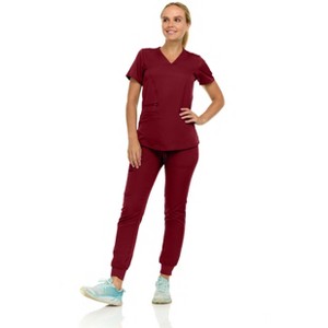 MediChic Scrubs for Women's V-Neck Scrub Set with Six Pocket Ribbed Cargo Jogger Pants with 4-Way Stretch - 1 of 4