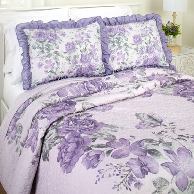 Lavender Floral Polyester Standard Pillow Sham with Ruffle Trim