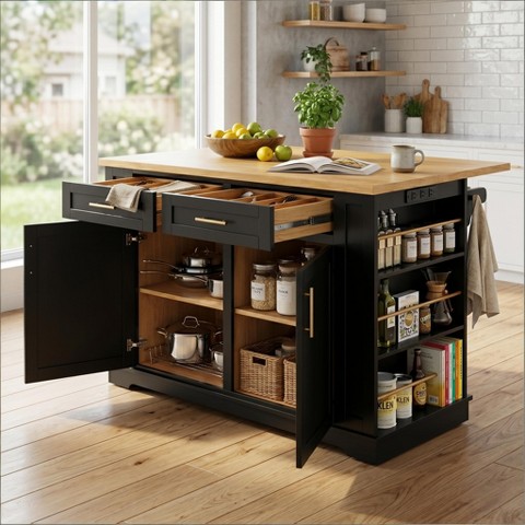 LauKingdom 48" Large Kitchen Island with 2 Bar Stools, Power Outlet, Drop Leaf Countertop, 5 Wheels, 2 Drawers, Door Storage Rack & Open Side Shelves, Black