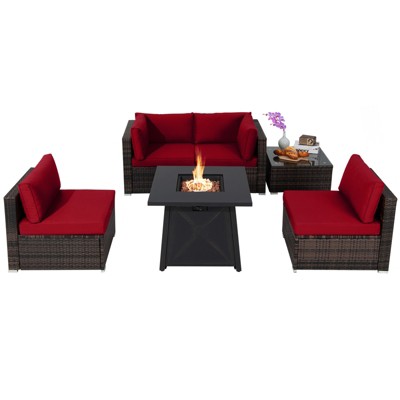 Tangkula 6-Piece Patio Furniture Set w/ 30" Propane Fire Pit Table Outdoor PE Wicker Conversation Set w/ Cushions &Tempered Glass Coffee Table