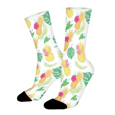 Tropical Pineapples Pink Flowers Women Printed Crew Socks Funny Funky Socks Soft Polyester Novelty Gifts for Artists Men