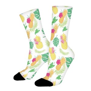 Tropical Pineapples Pink Flowers Women Printed Crew Socks Funny Funky Socks Soft Polyester Novelty Gifts for Artists Men - 1 of 1