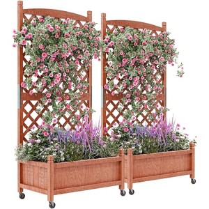 Elevated Wood Raised Garden Bed with Trellis & Locking Wheels, Planter Box with Drainage Holes for Flowers, Herbs & Veggies - 1 of 4