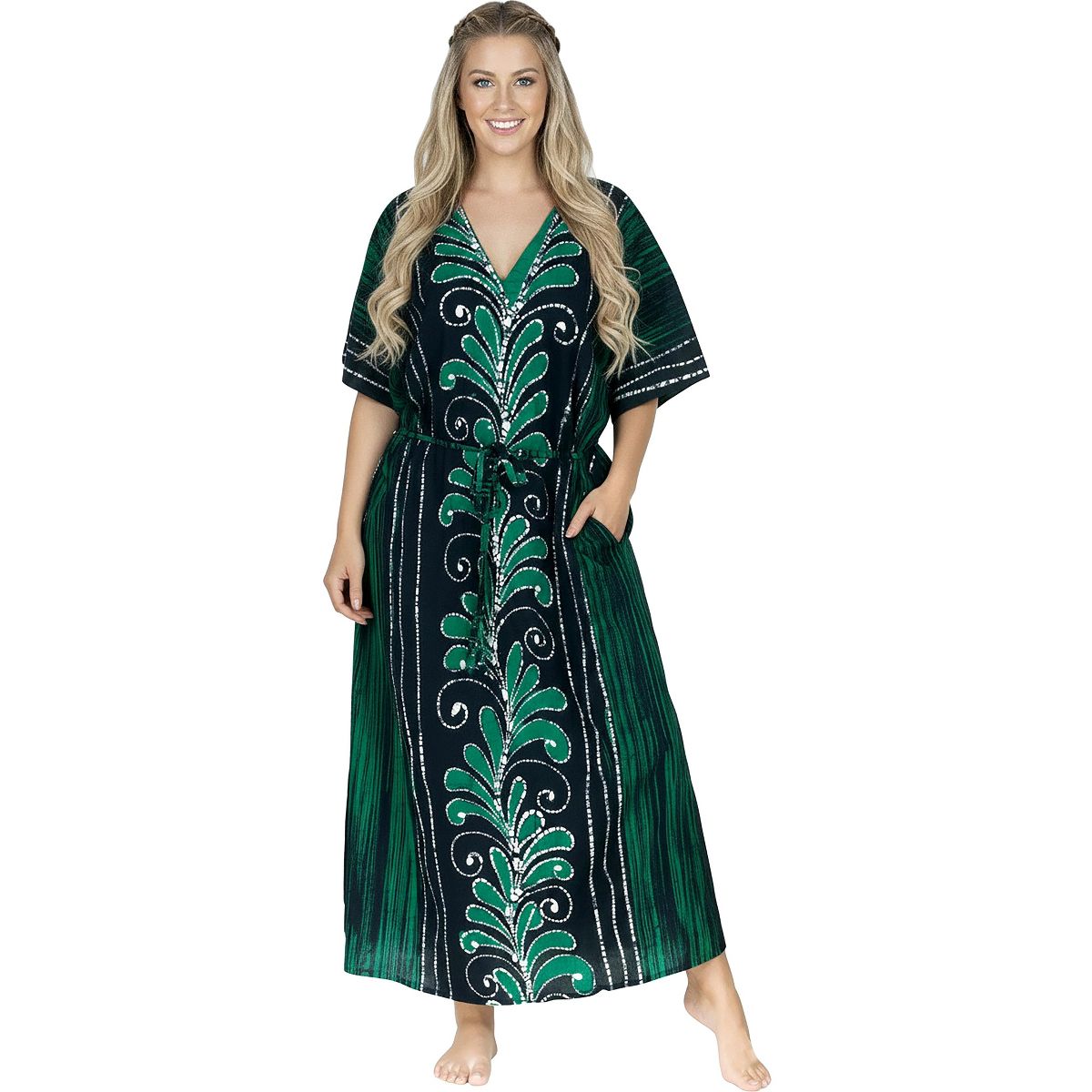 LA LEELA Summer Cotton Women Beach Resortwear Caftan Vacation Cruise Holiday Loungewear Maxi Travel Dress 2X-3X Green Paisley