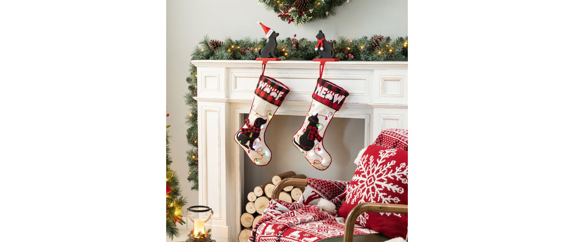 FIONECA LED Embroidered Linen Christmas Dog Stocking