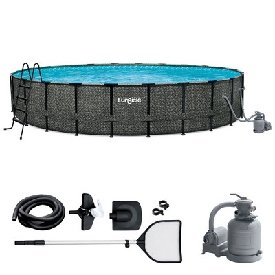 Funsicle 24 Feet by 52 Inches Oasis Designer Round Frame Above Ground Swimming Pool with SkimmerPlus Filter Pump and Cover, Dark Herringbone Pattern
