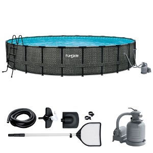 Funsicle 24 Feet by 52 Inches Oasis Designer Round Frame Above Ground Swimming Pool with SkimmerPlus Filter Pump and Cover, Dark Herringbone Pattern - 1 of 4