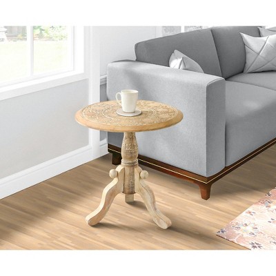 Royal Hampton Intricately Carved Round Top Mango Wood Side End Table with Pedestal Base, White -