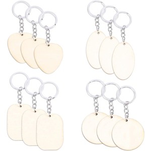 Bright Creations 12 Pack Unfinished Wooden Keychain Blanks with Key Rings for DIY Arts & Crafts, Round, Oval, Heart & Rectangle Shapes - 1 of 4